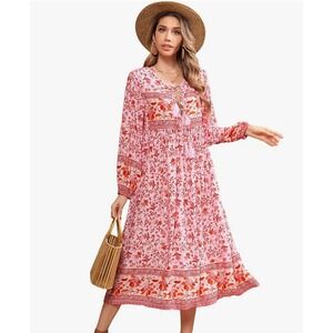 R.Vivimos Anthropologie Midi Dress XS Pink Long Sleeve Floral Print Retro Boho